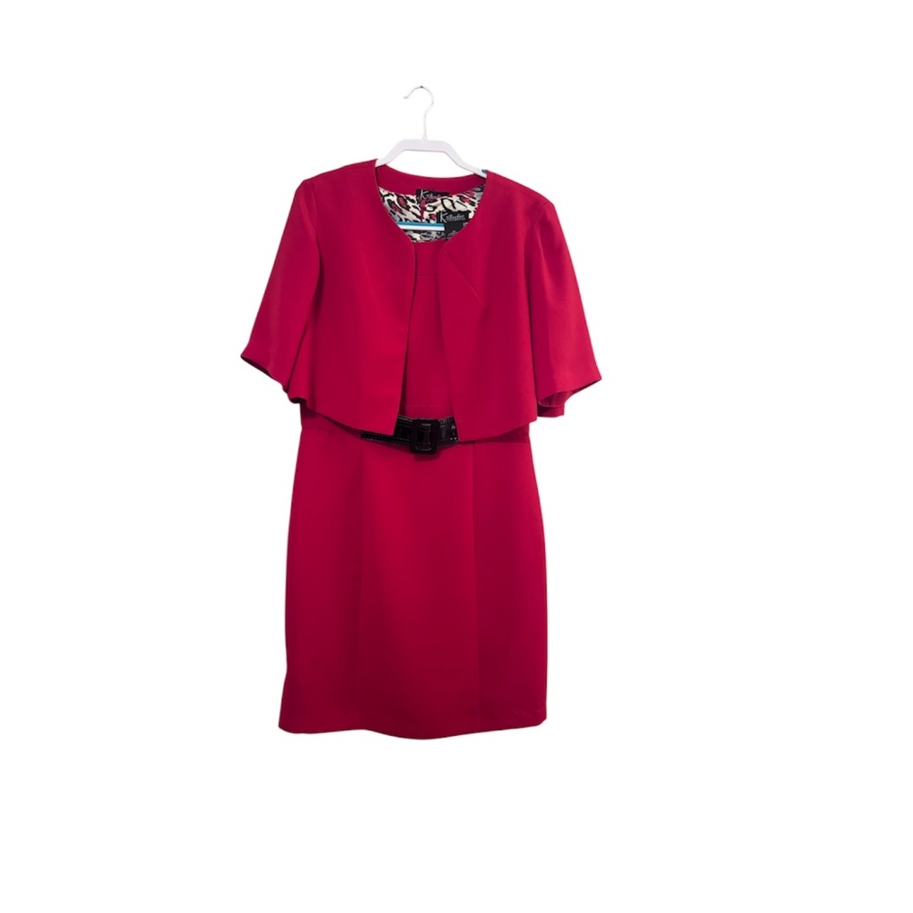 K Studio Collection Red Two-Piece Dress Suit with Shrug & Belt Size 14